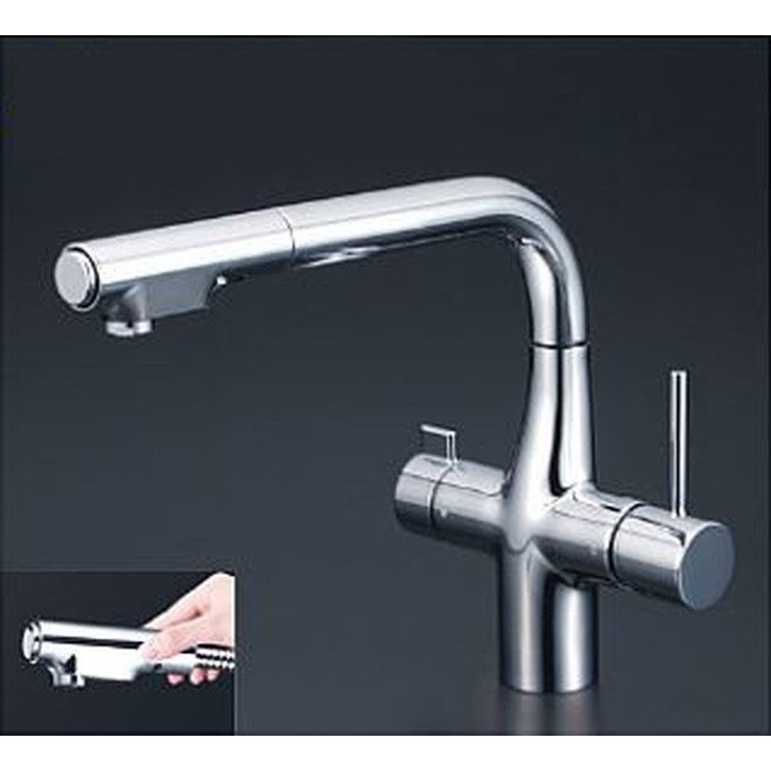 KM6121SCEC ビルトイン浄水器用シングルシャワー付混合栓（eレバー） 浄水カートリッジセット付 吐水口回転規制160° 水受けトレー付
