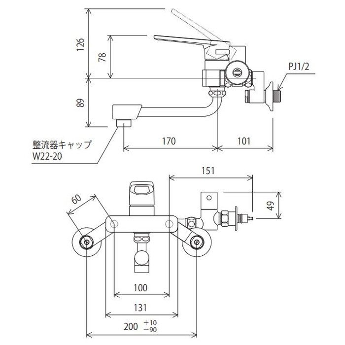 MSK110KZB 寒冷地用給水・給湯接続 シングル混合栓（分岐止水栓付