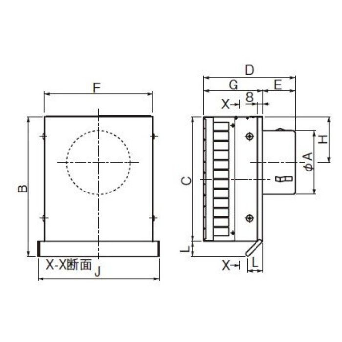 DS-100YFGTD 換気孔 SUS角型フラットフード（外風雨侵入対策型） 網