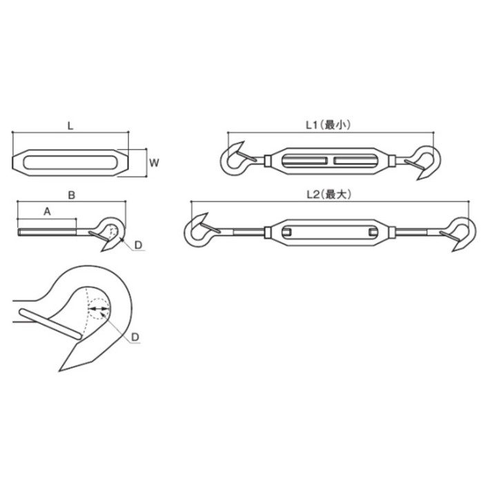 STB-F12B セーフティターンバックル（戻り止めナット付） SUS304 L寸法200mm