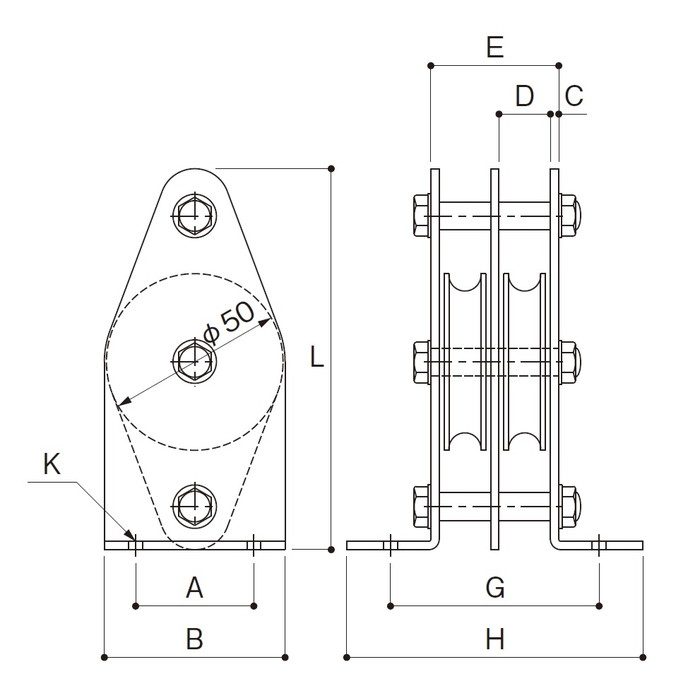 アイオウル K5011B 固定ブロック タテ型2車50mm 使用軸受ベアリング SS