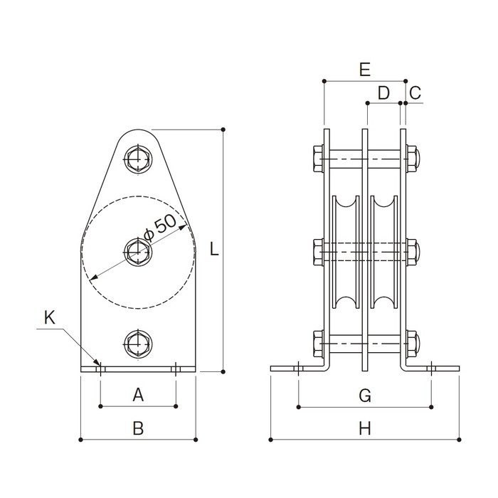 K50-15MCB 固定ブロック タテ型2車50mm 幅広タイプ・MCナイロン車 青