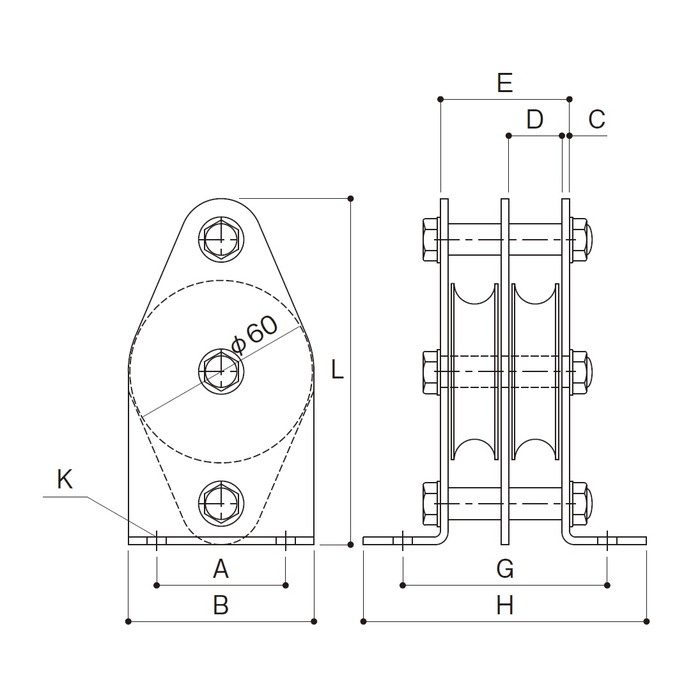 K60-3 固定ブロック タテ型2車60mm 鉄（ユニクロ） 使用軸受ベアリング