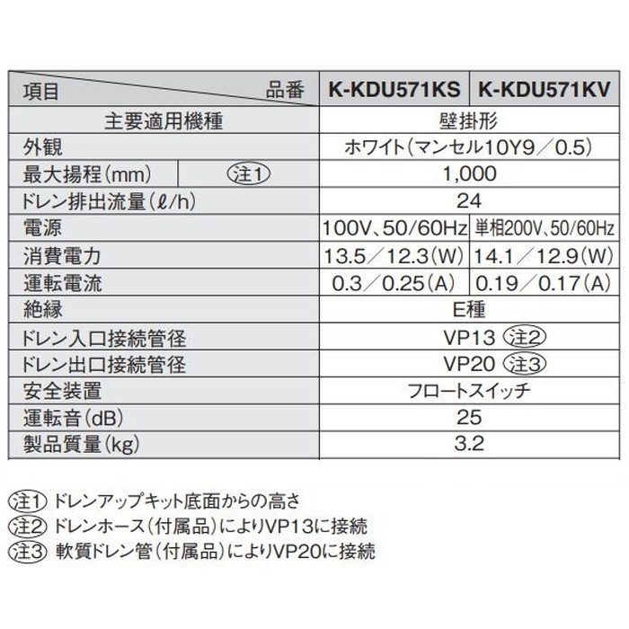 K-KDU571KV ドレンアップキット 低揚程タイプ（1m） 壁掛形 単相200V 