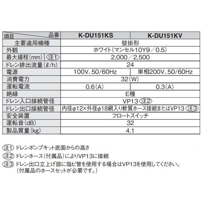 K-DU151KV ドレンポンプキット 中揚程タイプ（2／2.5m） 壁掛形 単相