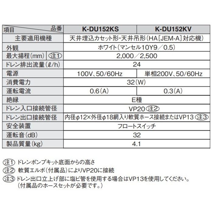 K-DU152KS ドレンポンプキット 中揚程タイプ（2／2.5m） 天カセ・天吊