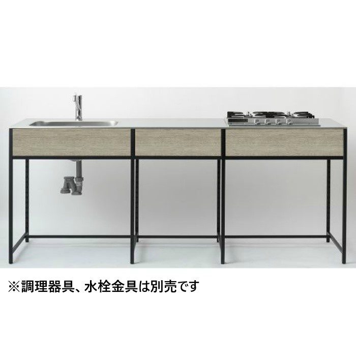 SOU-2100K-EA-L-A3 SOUシリーズ キッチンキャビネット 開口タイプA 左仕様 L2100mm 天板（ステンレス 銀河エンボス仕上げ） 面材（低圧メラミン化粧板 エミリアオーク ナチュラル）