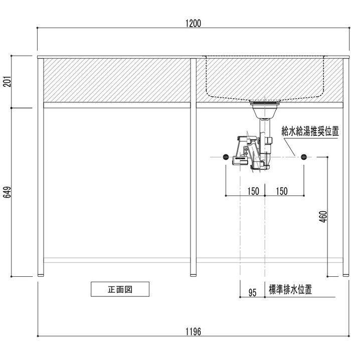 SOU-1200K-VB-R-A4 SOUシリーズ キッチンキャビネット 開口タイプB 右仕様 L1200mm 天板（ステンレス バイブレーション仕上げ） 面材（MDF クリア塗装）