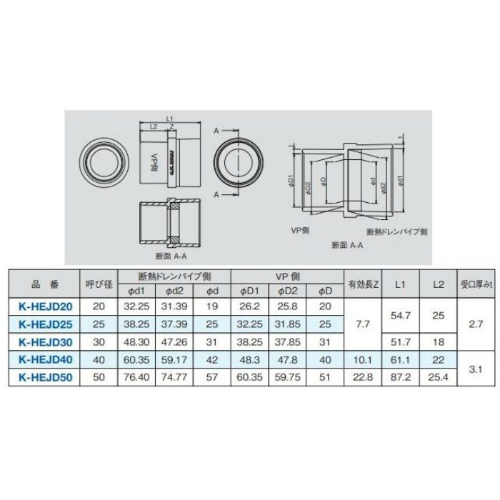 K-HEJD30 断熱ドレン継手 塩ビ変換アダプター 呼び径30mm