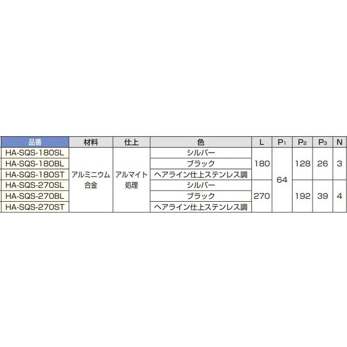 HA-SQS-180ST LAMP アルミ押出ハンドル HA-SQS型 PAT L180mm ヘアライン仕上ステンレス調