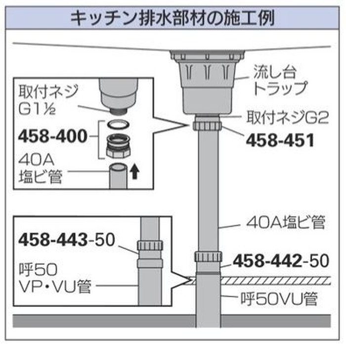 458-442-50 キッチン排水アダプター 呼50VU管内面接続