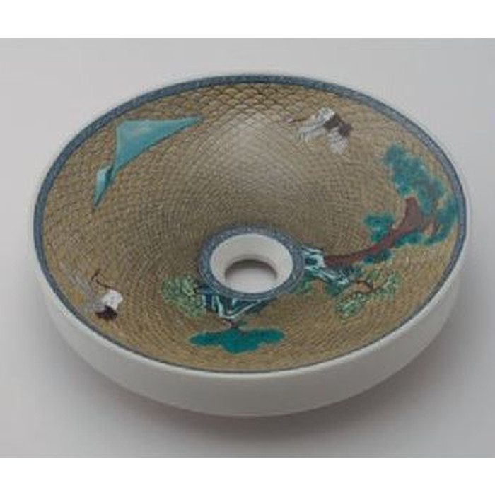 493-224-Y 丸型手洗器 翠 吉田松鶴図