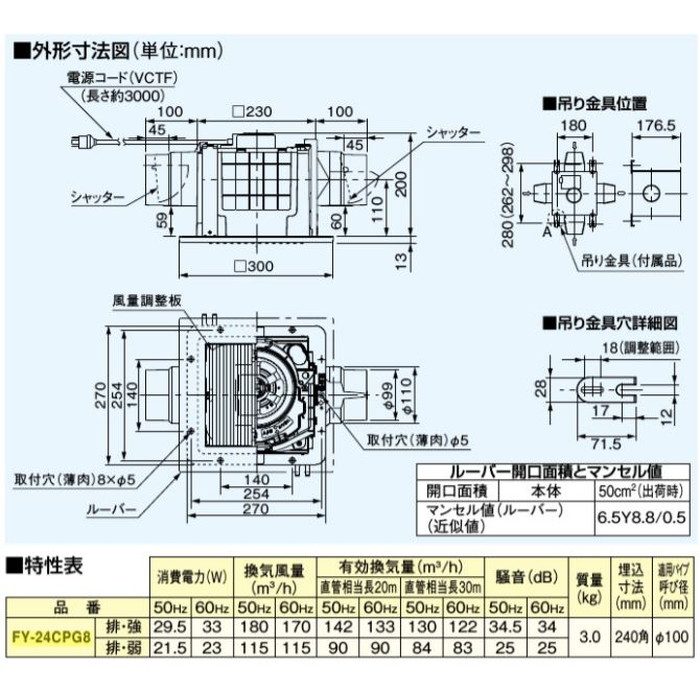 FY-24CPG8 天井埋込形換気扇 本体・ルーバーセット 2室換気用 低騒音・高静圧形 24時間・局所換気兼用 強弱速調 風圧式高気密シャッター 埋込寸法240mm角