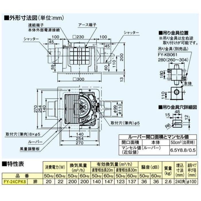 FY-24CPK8 天井埋込形換気扇 本体・ルーバーセット 2室換気用 低騒音・大風量形 24時間・局所換気兼用 風圧式高気密シャッター 埋込寸法240mm角