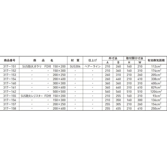 317-157 SUS防火レジスターFD付 200×250