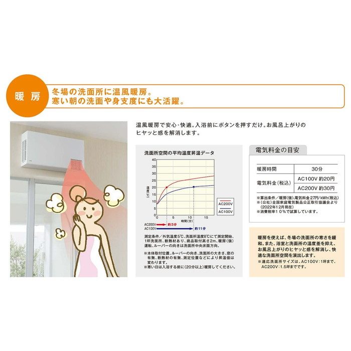 TYR340S 洗面所暖房機 電源プラグ式 予約運転機能付 AC100V ワイヤレスリモコン 薄型95mm