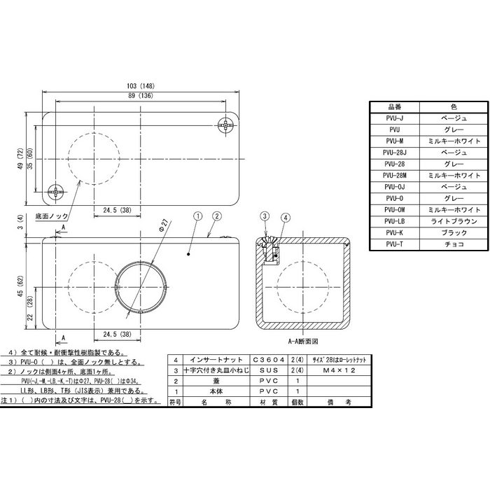 PVU-K ユニバーサルボックス ノックアウト 側面φ27mm・22（25）×4、底面φ27mm・22（25）×1 ブラック