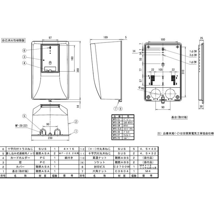 WPS-2K 電力量計ボックス（スマートメーター用・隠ぺい型）フロント透明カバー付 自己消化性樹脂製 適用電線サイズ14mm2 ブラック