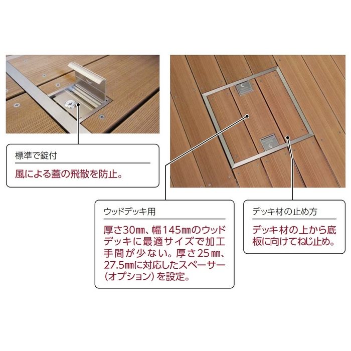 KFDIK30N ウッドデッキ向け鋼製下地用床点検口 アルミ枠・アルミ 300角 ステンカラー