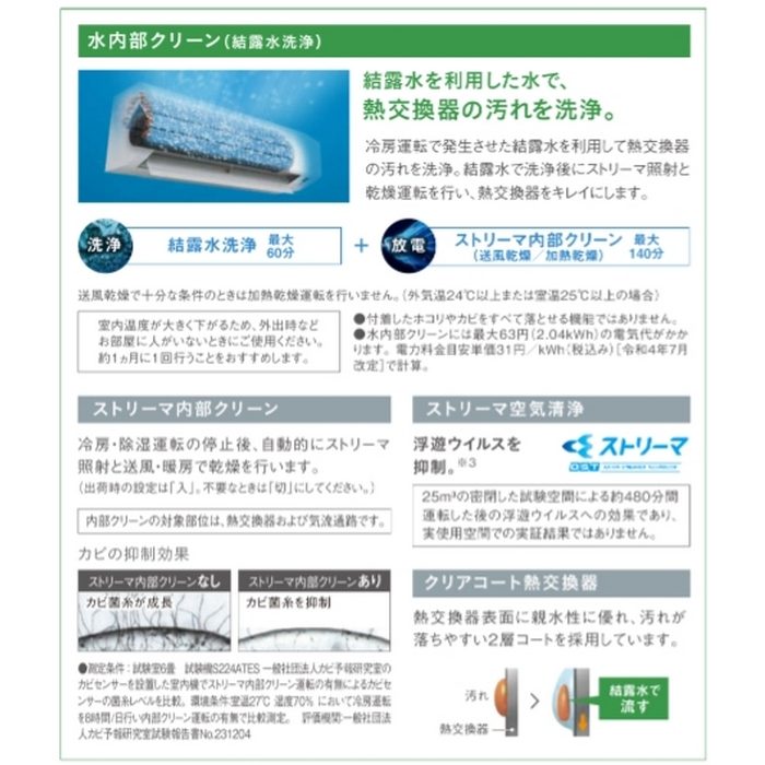 S224ATES-W 壁掛形エアコン Eシリーズ 室内電源単100V 6畳対応 標準仕様 室外機セット W798×D255×H250mm ホワイト