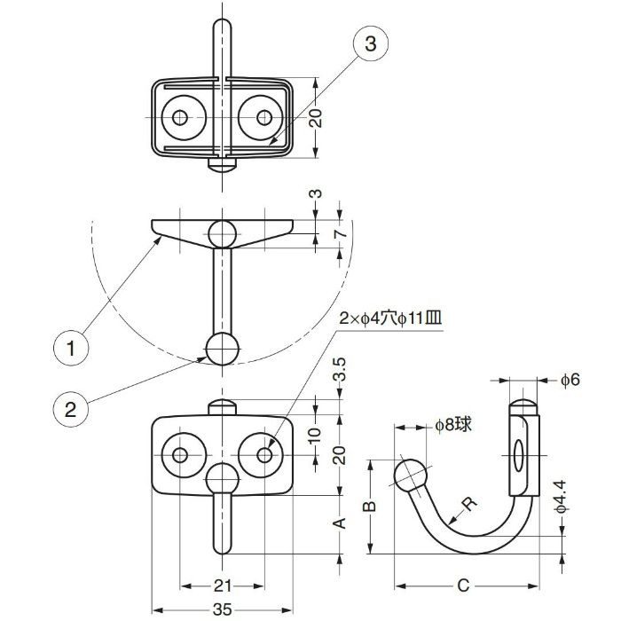 ランプ印ステンレス鋼製玉付回転フック TK型 TK-30 110-020-250