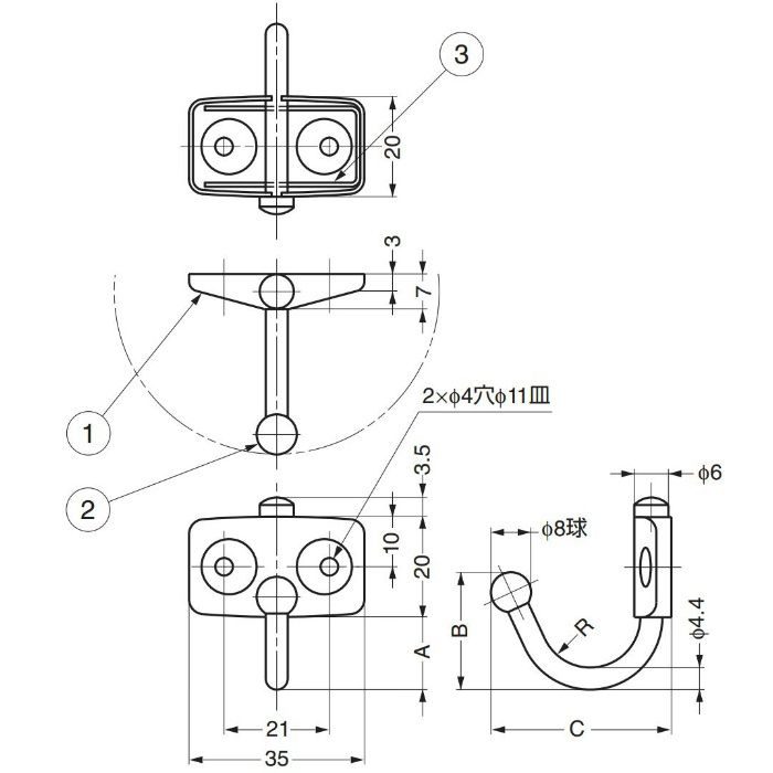 ランプ印ステンレス鋼製玉付回転フック TK型 TK-45 110-020-254