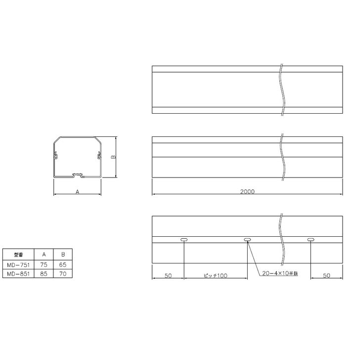 MD-851 因幡電工 スリムダクトMD 室内用 85×2000×70mm ネオホワイト 5本入