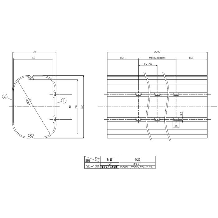 SD-100-G 因幡電工 スリムダクトSD 70×2000×100mm グレー 5本入