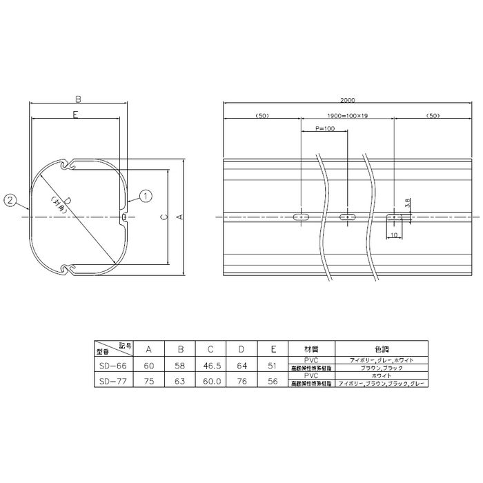 SD-66-K 因幡電工 スリムダクトSD 58×2000×60mm ブラック 5本入