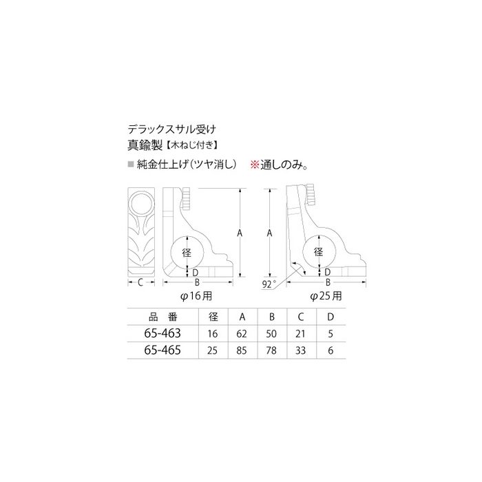 65-463 階段装飾金物 デラックスサル受けセット 真鍮製 木ねじ付き φ16mm用 純金仕上げ（ツヤ消し） デラックスサル受け2ヶ＋デラックス義星2ヶ