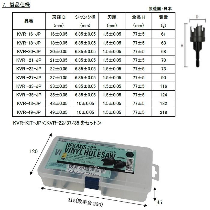 KVR-49-JP JAPPY ビニールホルソー ストレートシャンク 49×77mm