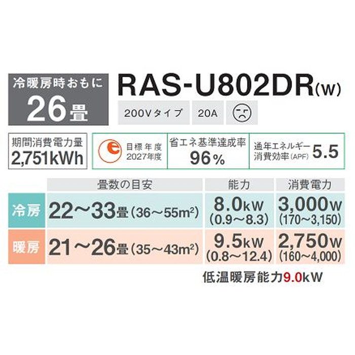 RAS-U802DRW U-DRシリーズ ルームエアコン 大清快 8.0kW 省エネプレミアムモデル ホワイト 200V