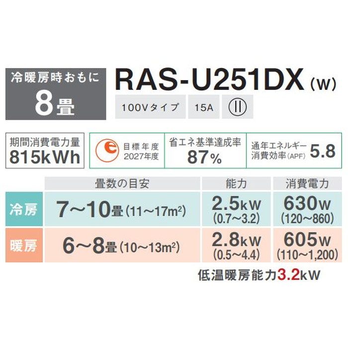 RAS-U251DXW U-DXシリーズ ルームエアコン 大清快 2.5kW AI搭載モデル ホワイト 100V