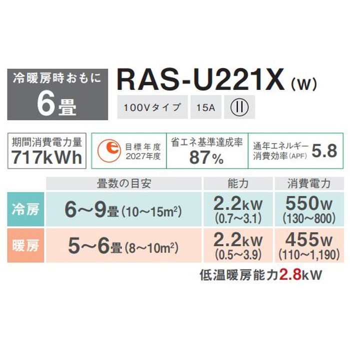 RAS-U221XW U-Xシリーズ ルームエアコン 大清快 2.2kW スタンダードモデル ホワイト 100V