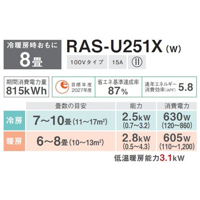 RAS-U251XW U-Xシリーズ ルームエアコン 大清快 2.5kW スタンダードモデル ホワイト 100V