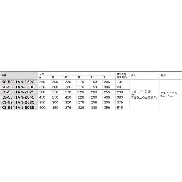 KS-5311AN-2040 屋内・屋外換気口 アルミニウム 木枠留め用 ガラリタイプ 水切無 アルミニウム素地色
