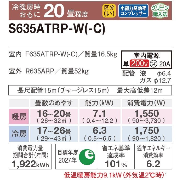 S635ATRP-W 壁掛形エアコン うるさらX RXシリーズ 室内電源200V 20畳対応 室外機セット ホワイト