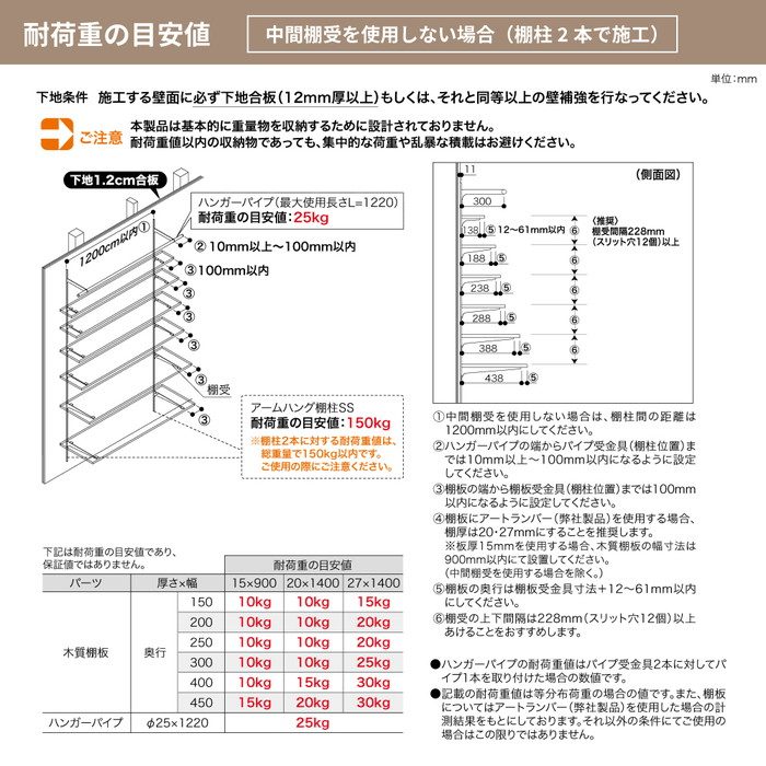 SS-H12W-2 アームハングSS棚柱 1200mm SSホワイト 南海プライウッド