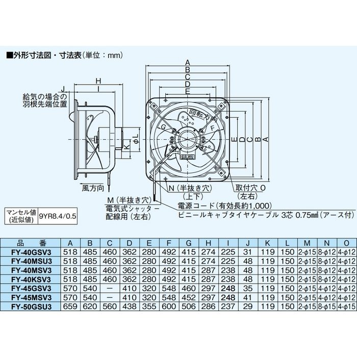 FY-40MSU3 有圧換気扇 低騒音形（排-給気兼用仕様） パナソニック