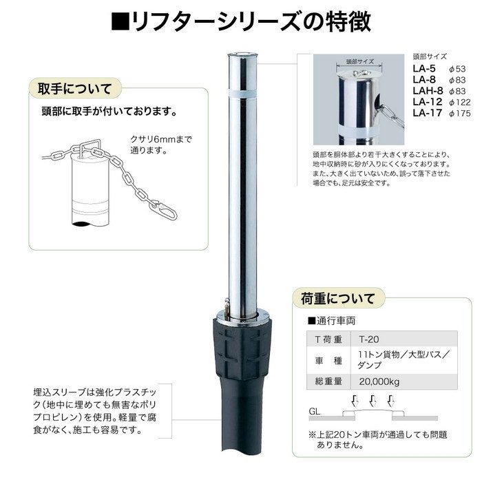 LA-12KCS-E サンバリカー（リフター） 上下式フルセット φ114.3 鍵付スプリング付エンド用 ＃400【セール開催中】