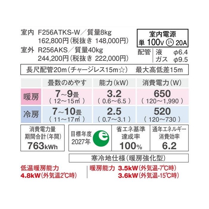 S256ATKS-WE 壁掛形エアコン スゴ暖 KXシリーズ 室内電源100V 8畳対応