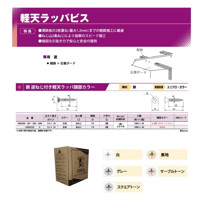 LGR3522C 鉄逆ねじ付き軽天ラッパビス頭部カラー白色 尖り先 22×7×3.5mm 頭部白色 1000本入