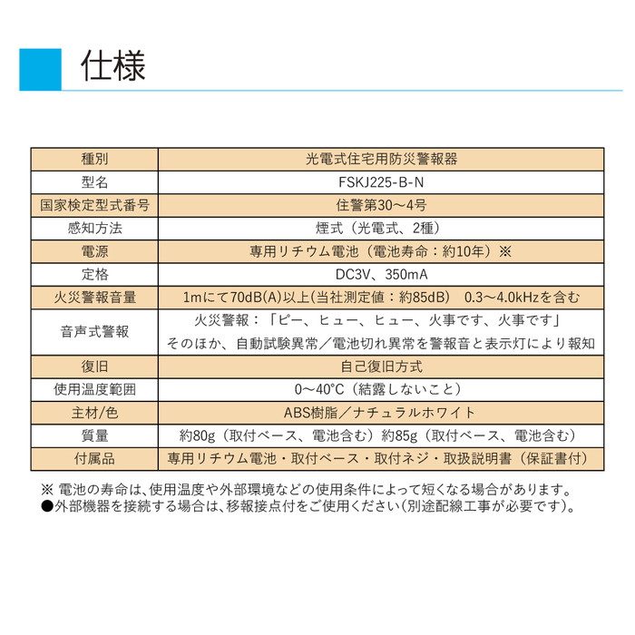 FSKJ225-B-N 光電式住宅用防災警報器 90mmサイズ 煙式 薄型・単独型 ナチュラルホワイト
