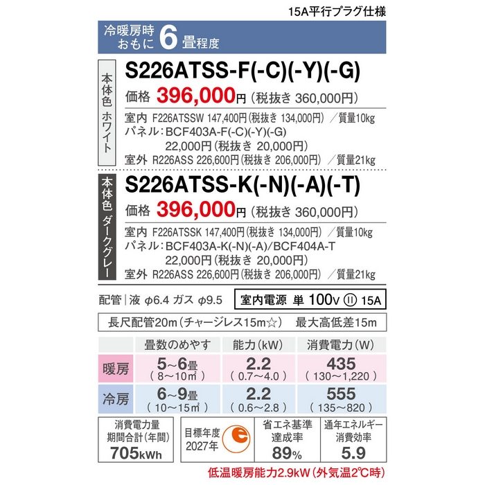 S226ATSS-N 壁掛形エアコン SXシリーズ risora 室内電源タイプ 単相100V 6畳対応 室外機セット 本体：ダークグレー パネル：ツイルゴールド