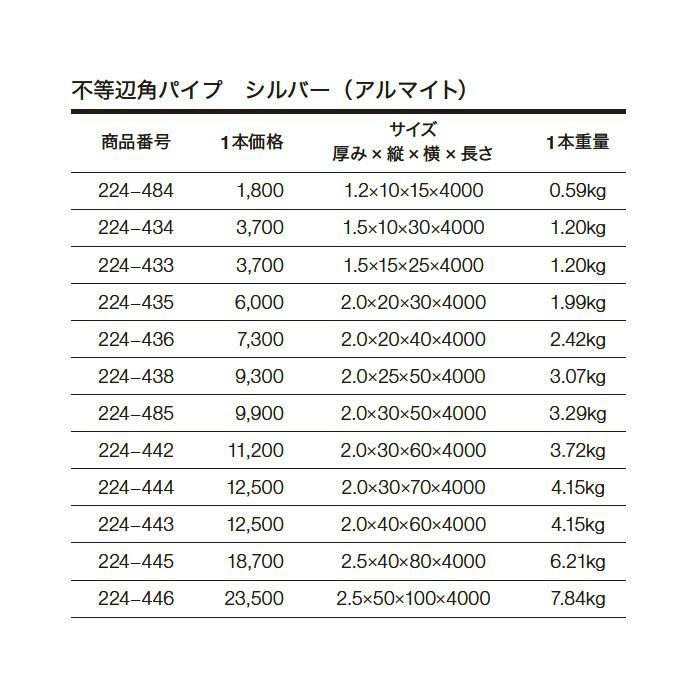 不等辺角パイプ アルミ材 224-445 シルバー(AL)