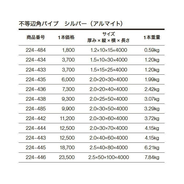 不等辺角パイプ アルミ材 224-445 シルバー(AL)【セール開催中】